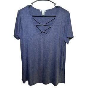 NWOT Blue Bozzolo CrissCross V Neck Short Sleeve Top Womens Large